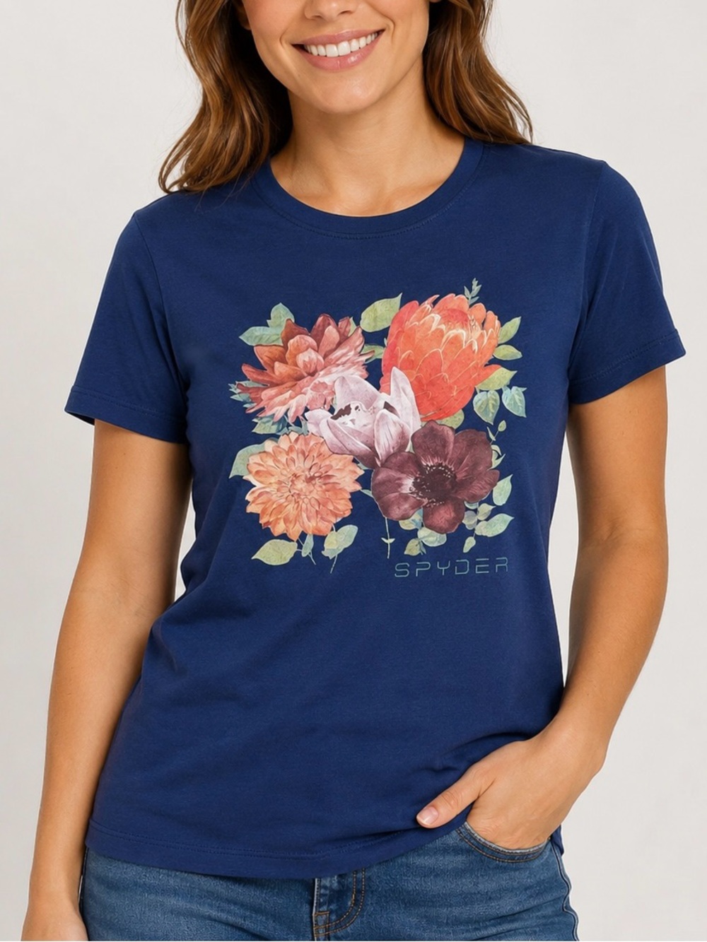 Spyder Floral Graphic Tee Women’s Large navy Blue Short Sleeve Casual Shirt NWT